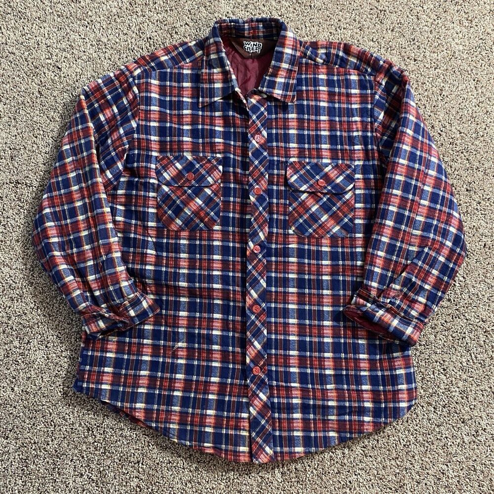 Wind Crest Plaid Flannel Shirt Jacket Men’s Large Vintage 80s Quilted Lining Red